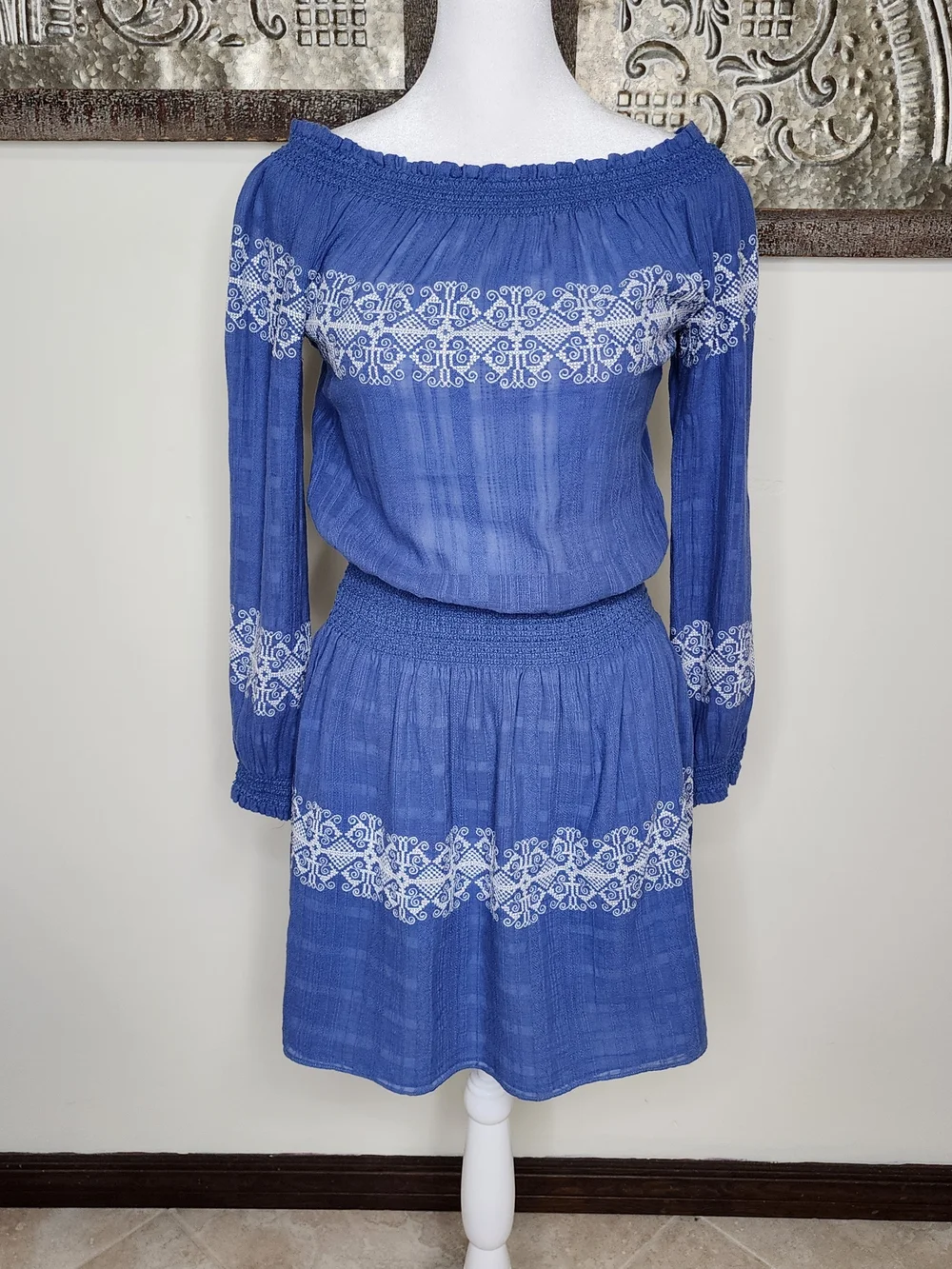 Tory Burch Blue Cotton Off-Shoulder Embroidered Women’s Smocked Mini Dress XS